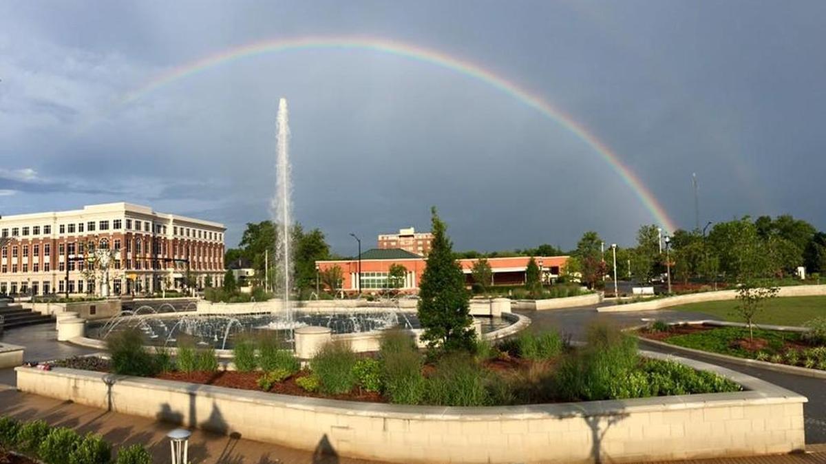 
Fountain Park sits under a rainbow following an afternoon storm in July.

