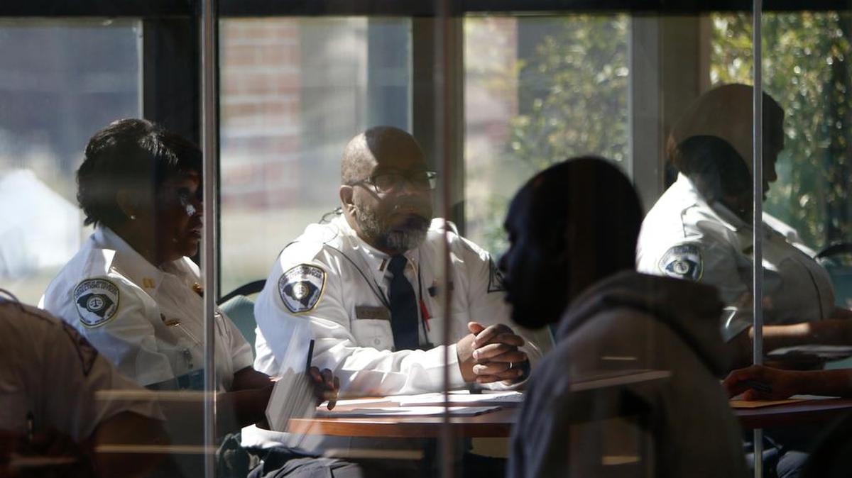 Harry Watkins of North Augusta interviews for a job with Broad River Road Correction. Jobless rates went down in all of South Carolina's 46 counties except two.