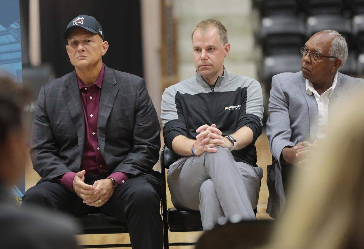 From left, head basketball coaches Frank Martin of University of South Carolina, Winthrop University’s Mark Prosser and High Point University’s Tubby Smith attend a press conference announcing Rock Hill’s No Room for Racism Basketball Classic.