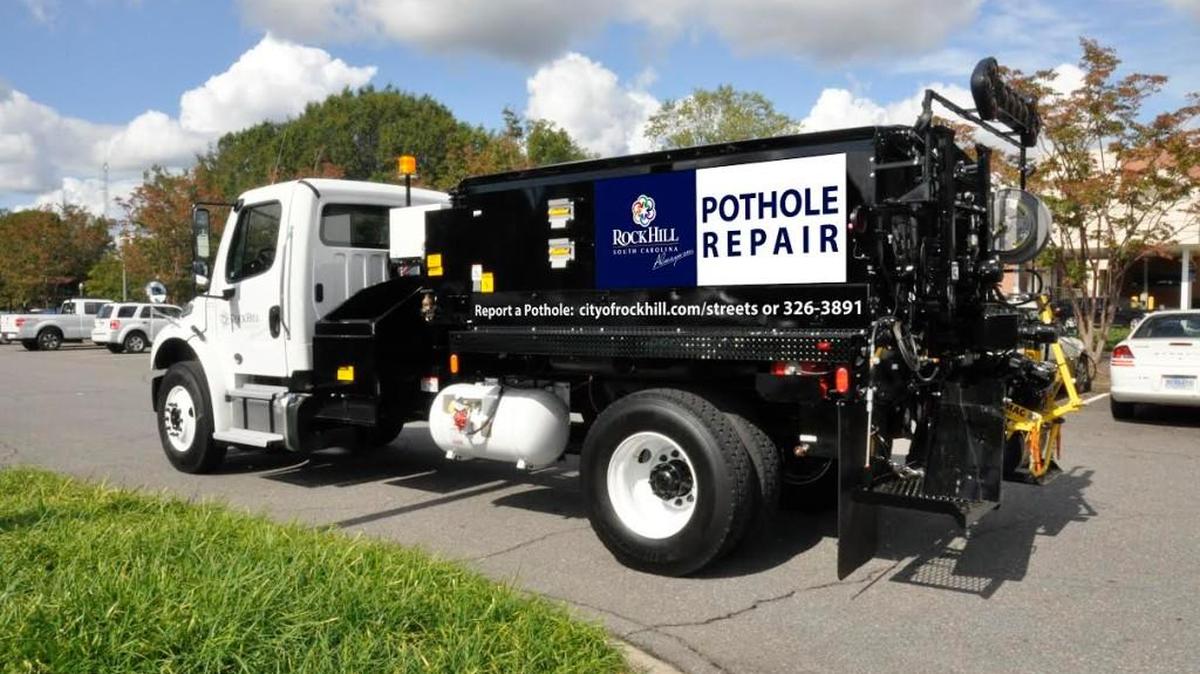 
One of two new pothole repair trucks recently purchased by the city of Rock Hill, which hit the road recently. The trucks are specially designed to carry all the necessary equipment, and can be operated by a smaller crew.
