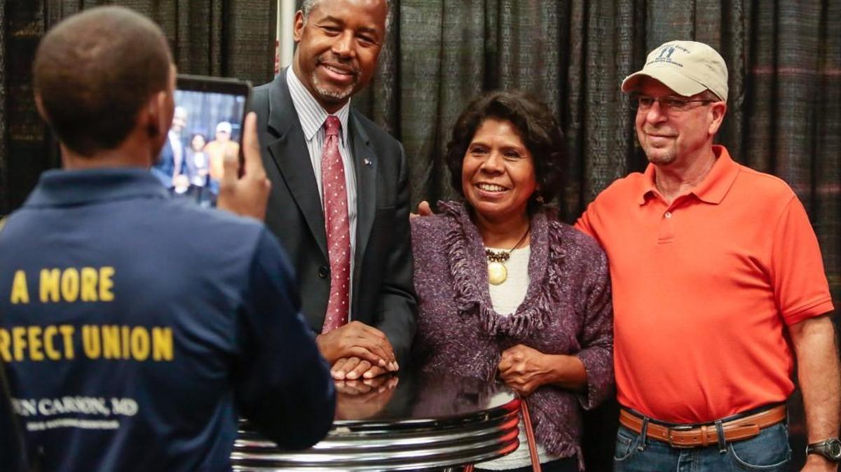 
Nelva and Clifford Scherer pose for a photo with Republican presidential candidate Ben Carson during a book signing stop at Books-A-Million in Rock Hill on Saturday.

