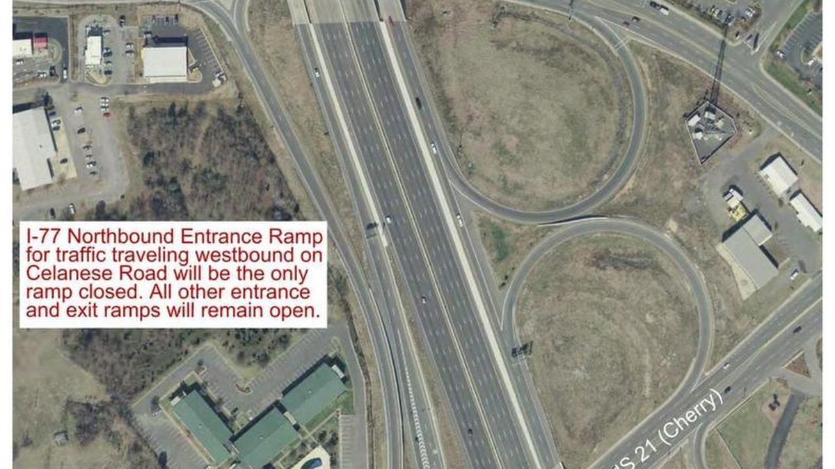 The S.C. Department of Transportation released a graphic Thursday to show the planned closing of the northbound entrance ramp to Interstate 77 near Home Depot and Celanese Road in Rock Hill.