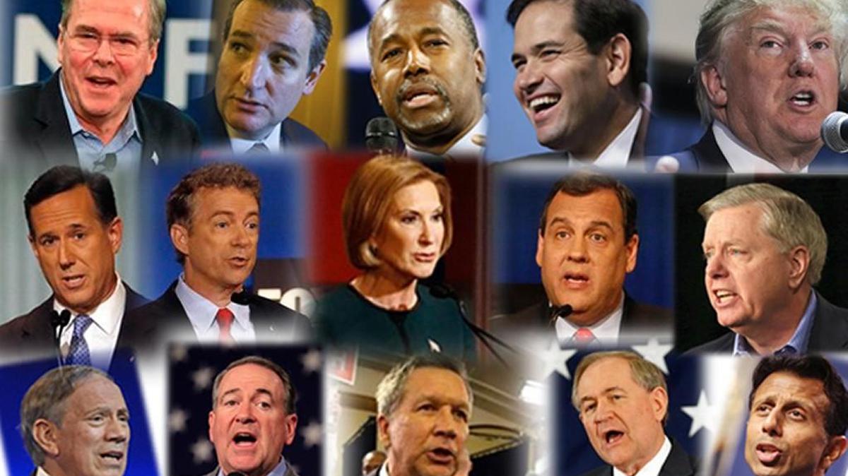 (Top row) Jeb Bush, Ted Cruz, Ben Carson, Marco Rubio, Donald Trump are the only GOP candidates polling over 3%. Everyone else is polling at 3% or lower.