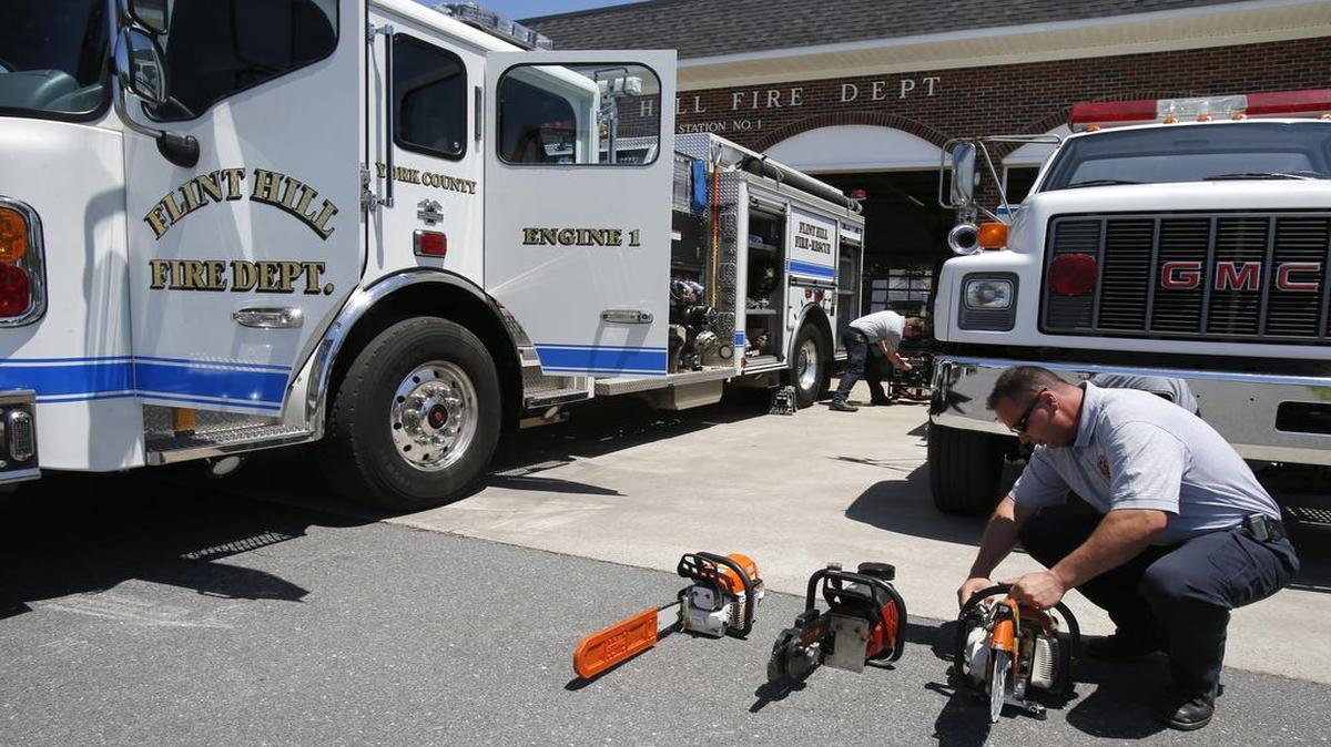 
Lt. Jeff Nash, right, and firefighter Josh Stanley, back, conduct the weekly test of equipment at the Flint Hill Fire Department in Fort Mill on Wednesday.

