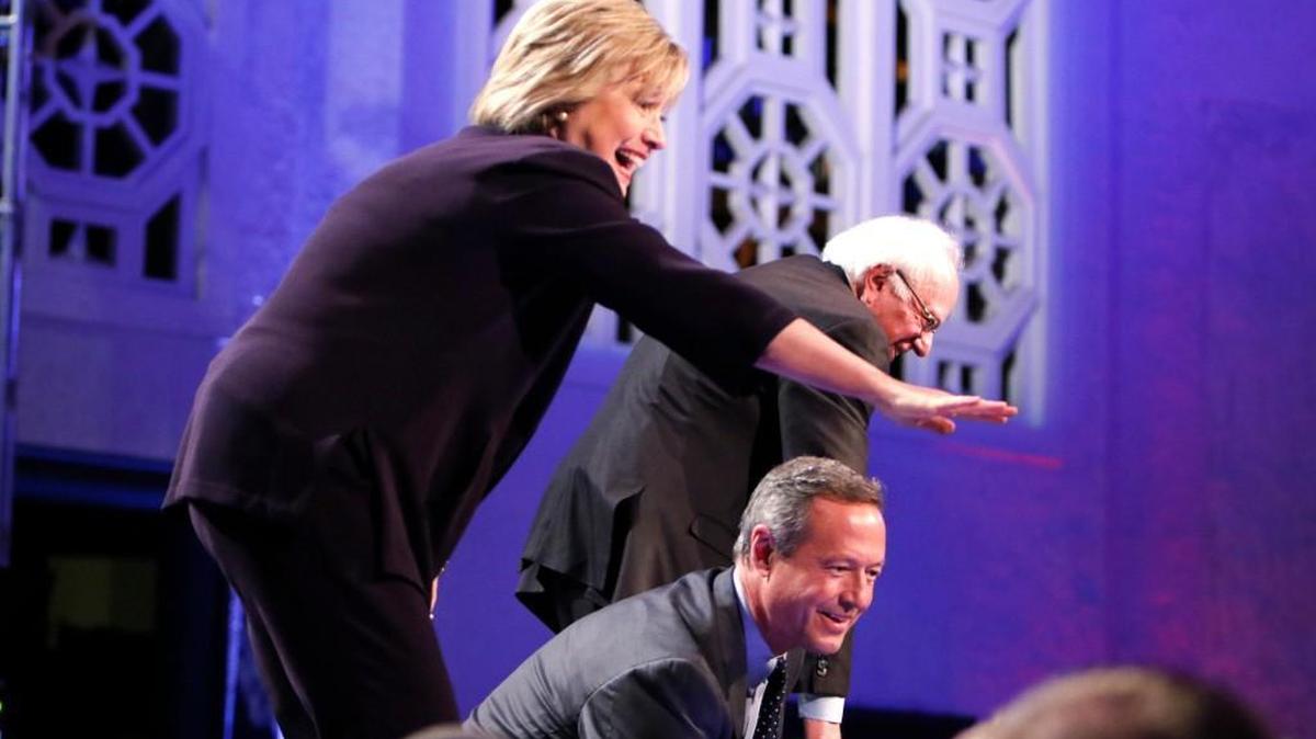 Hillary Clinton, Martin O'Malley and Berinie Sanders talk with supporters after the Democratic forum at Winthrop.