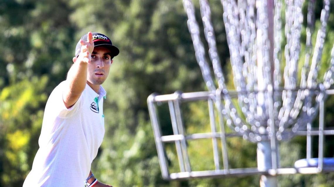 Paul McBeth of Huntington Beach, Calif., plays disc golf Friday at Winthrop University. McBeth and others will compete next week, from Wednesday-Saturday, in the U.S. Disc Golf Championship on the Winthrop course, located near Winthrop Coliseum.