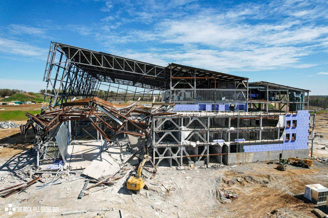 In this file photo, demolition is underway Wednesday, March 8, 2023 at the failed Carolina Panthers training facility site in Rock Hill, S.C. Rock Hill now owns the site an wants to rezone it to attract life science or advanced manufacturing companies.
