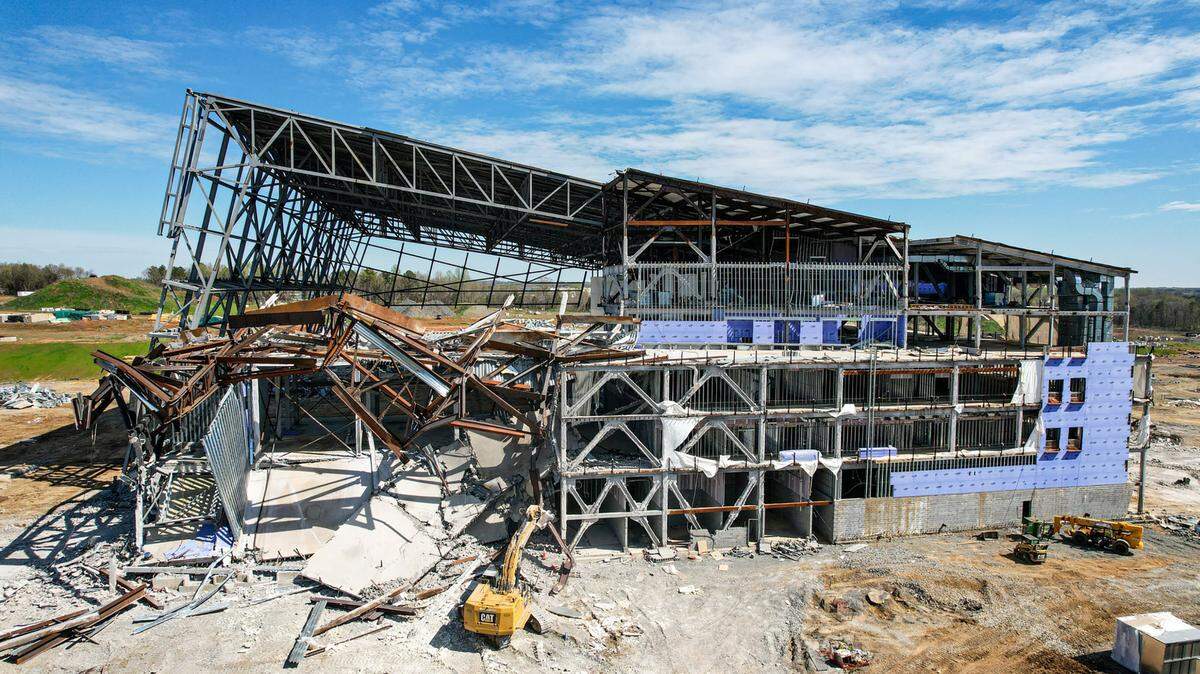 Demolition is underway Wednesday, March 8, 2023 at the failed Carolina Panthers training facility site in Rock Hill, S.C.