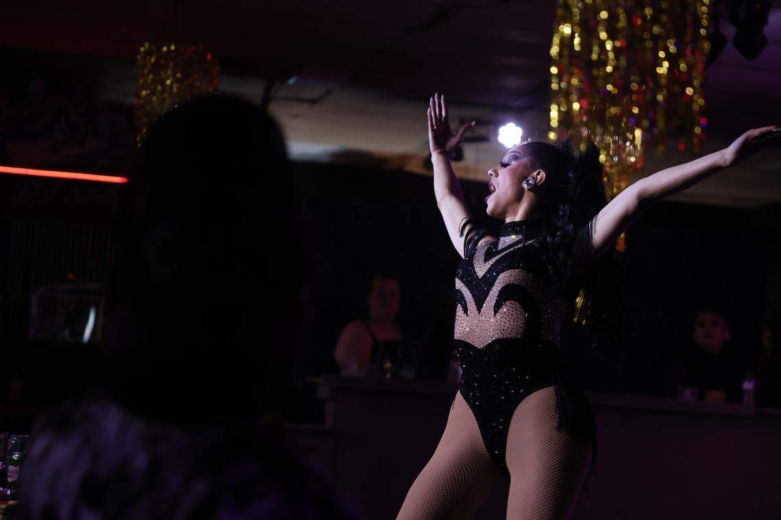 Drag queen Marceline Mashic peforms a song and dance during a March pageant in Rock Hill, S. C. at The Hideaway.
