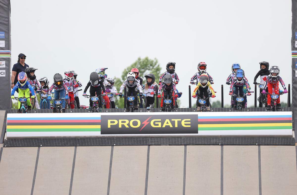 Irelyn McGinley, fifth from left, poises to begin the race Monday at the BMX World Championships in Rock Hill.