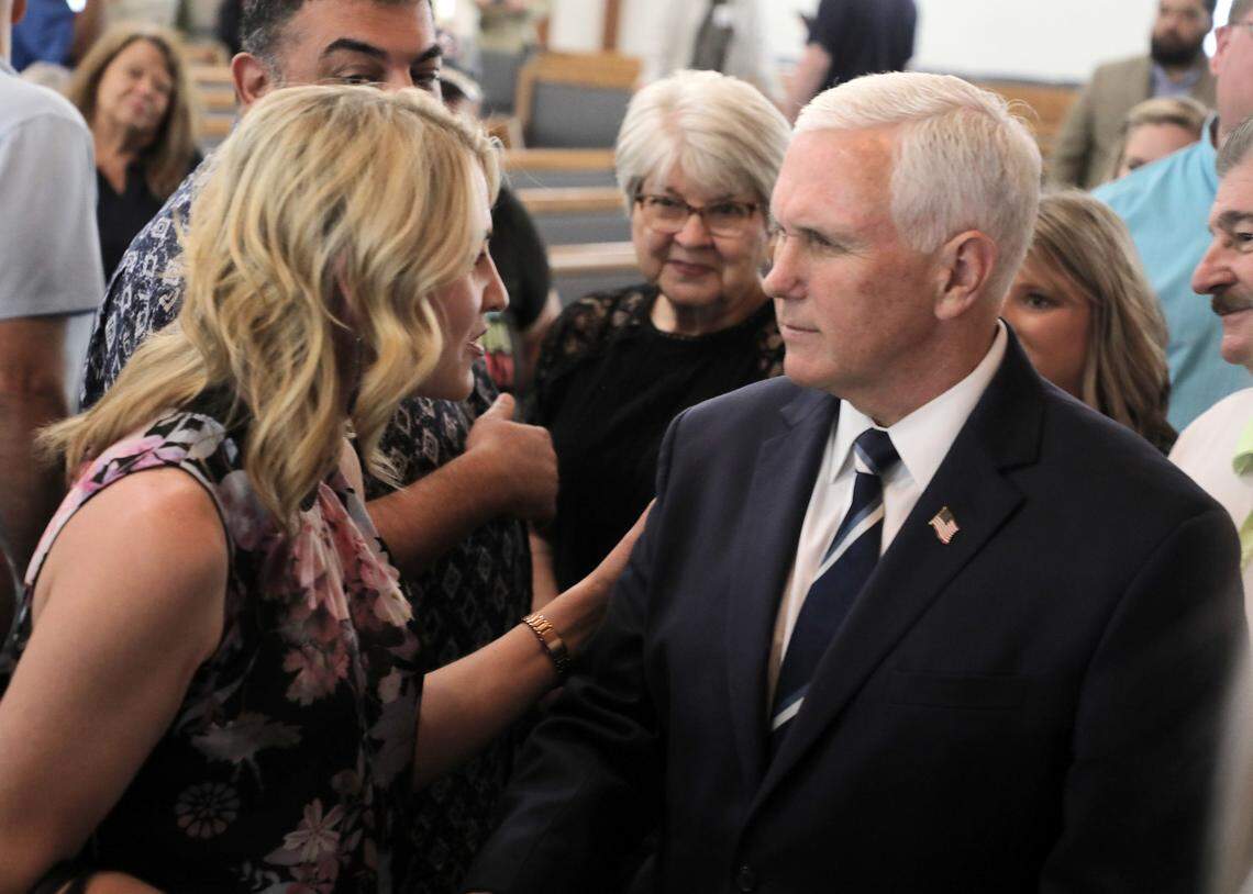 Vice President Mike Pence speaks with Jessica Threatt from Heath Springs Thursday at Lakewood Baptist Church in Rock Hill, where he was a guest speaker.