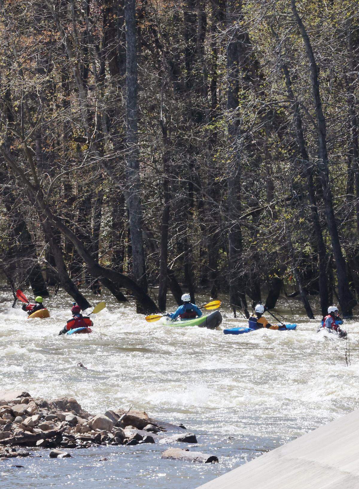 Kayakers enter the long bypass of the Catawba River in Great Falls, S.C. on Wednesday, March 15, 2023.