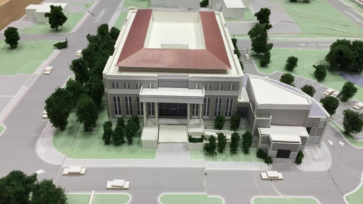 This architectural model from Stevens Wilkinson shows the proposed York County administrative building in downtown York. South Congress Street runs along the left side of the building, which backs up to West Jefferson Street. The building extending from the the right side is a County Council chamber and office area.