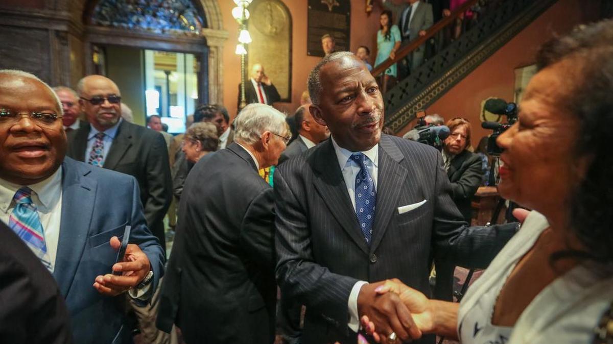 Don Beatty is congratulated after the Legislature elected him as South Carolina’s second black supreme court chief justice since Reconstruction. He replaces Costa Pleicones, who must retire Dec. 31 because he has reached the state’s mandatory retirement age of 72.