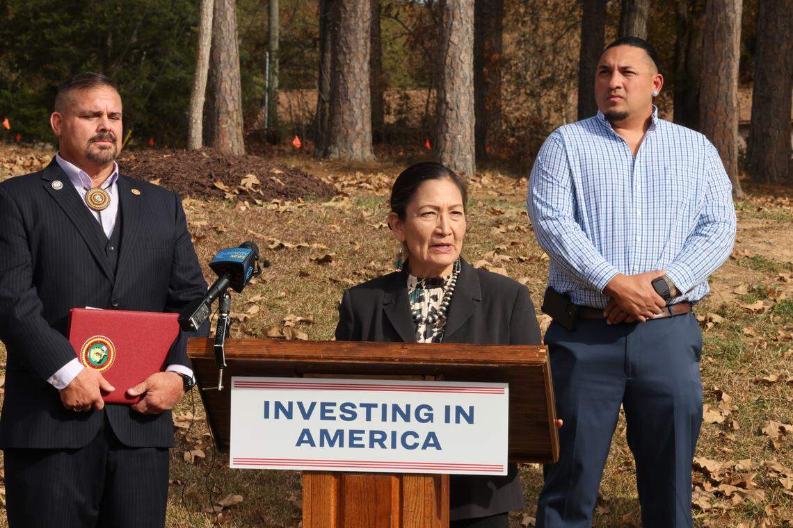 Secretary of the Interior Deb Haaland speaks to members of the Catawba Indian Nation about a $4 million grant to help with the nation’s conservation efforts. Catawba Chief Brian Harris, left, and Catawba member Quinlan Canty stand nearby.
