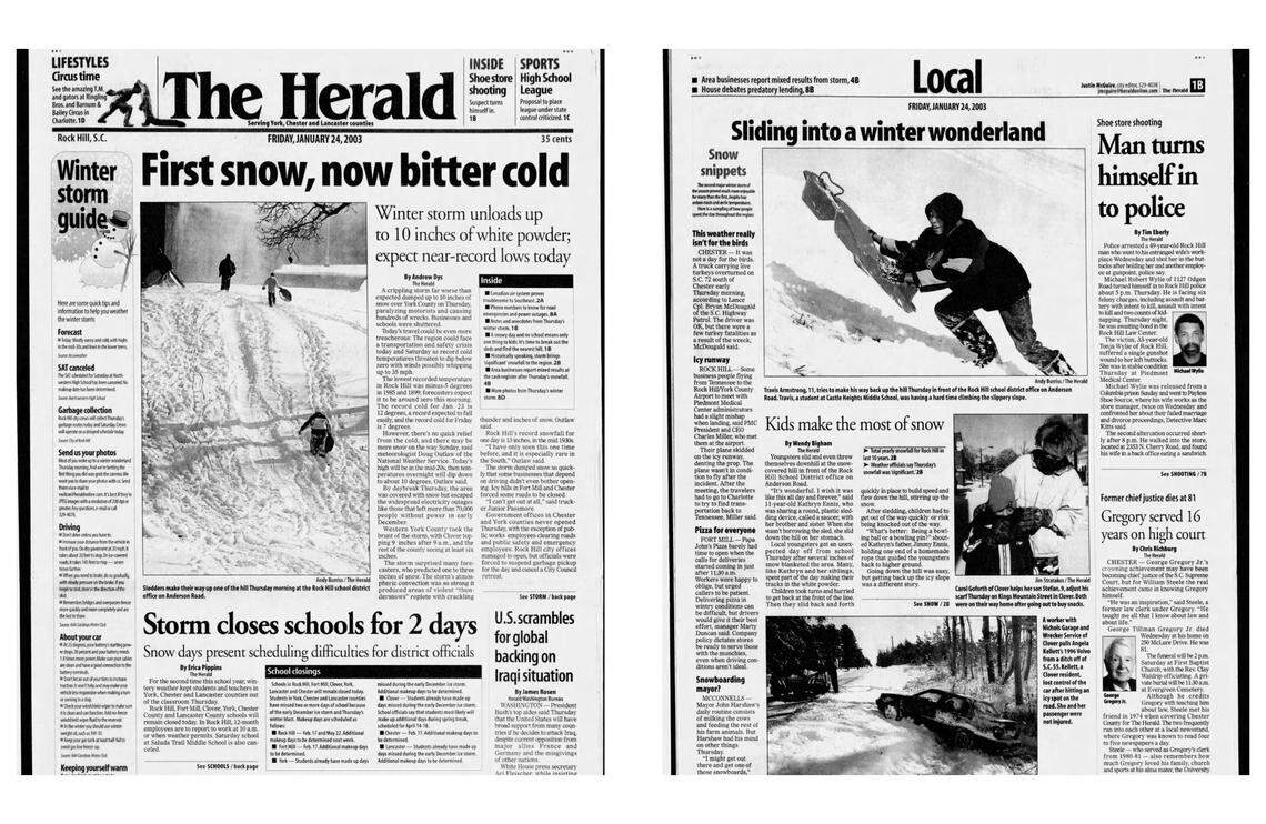 A Candadian air system blew in, dumping snow across the Rock Hill region in 2003.