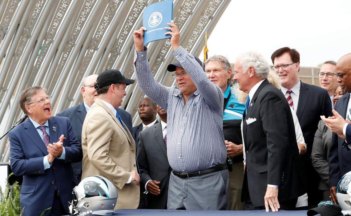 In 2020, Carolina Panthers owner David Tepper (center) celebrated with Rock Hill and S.C. politicians at a downtown Rock Hill pep rally after the team had decided to move its practice facility to Rock Hill.