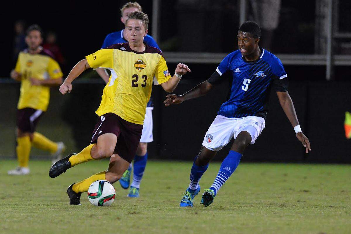17 October 2015: Winthrop climbs back to knock off UNC Asheville 3-2 (OT) in Big South men’s soccer action Saturday evening at Eagle Field in Rock Hill, South Carolina. Credit - Tim Cowie - WinthropPhotos.com