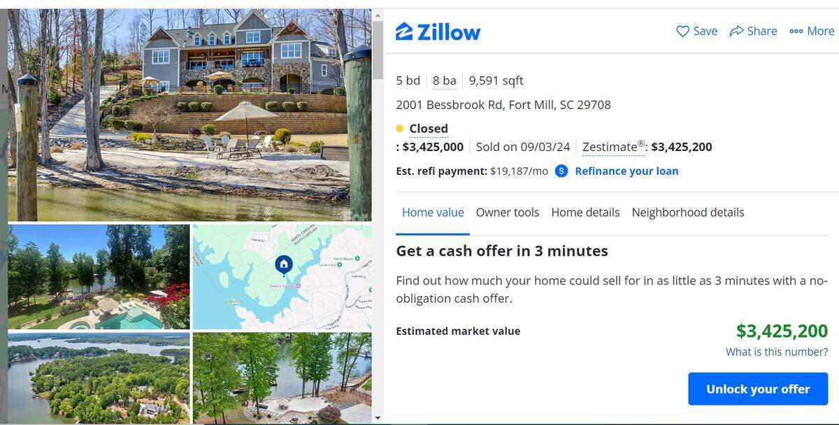 This Zillow listing shows the recently sold home in Fort Mill that surpassed the $3 million mark, just the third home sale to do so in the past two years.