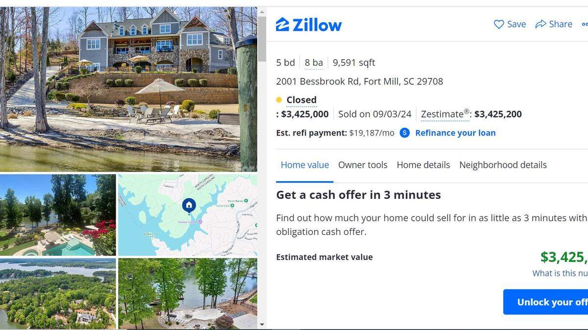 This Zillow listing shows the recently sold home in Fort Mill that surpassed the $3 million mark, just the third home sale to do so in the past two years.