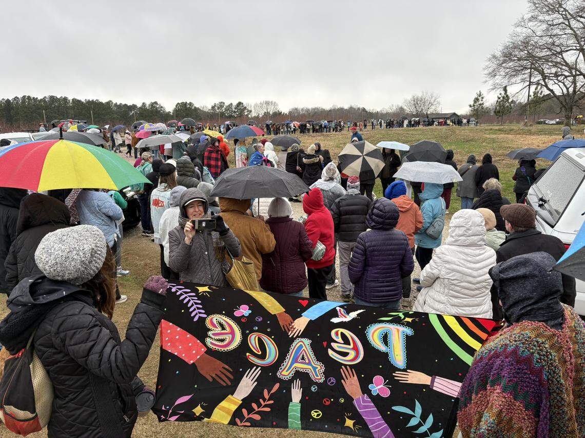 A huge crowd gathered at the Anne Springs Close Greenway in Fort Mill despite rain and cold Wednesday, to meet monks traveling from Texas to Washington, D.C.