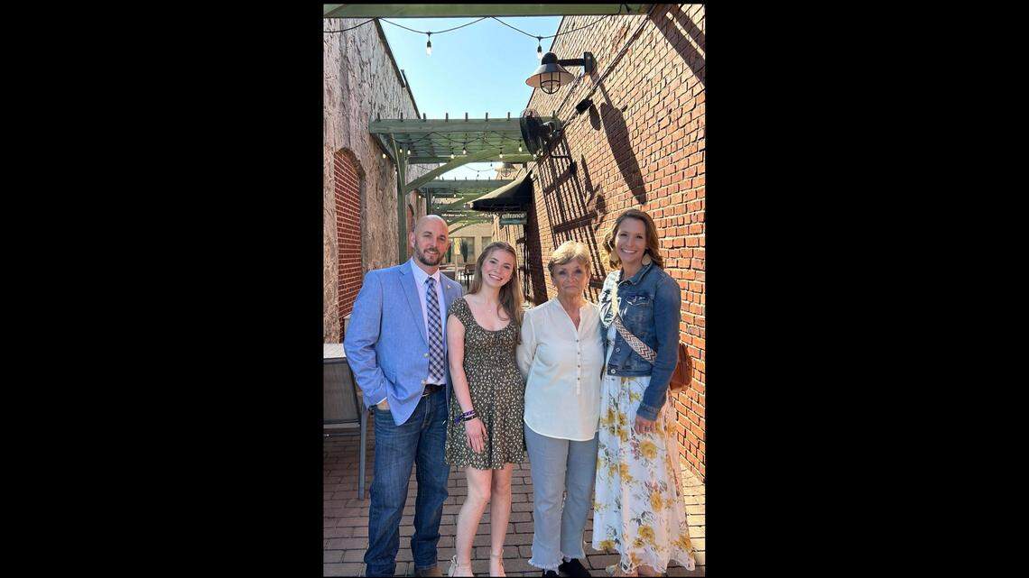 This photo, taken last year at Easter when a Taking Care of Granny post on TikTok went viral, shows page creator Dugan Meredith with his youngest daughter Sydnie Rae Meredity, Granny and Leslie Meredith.