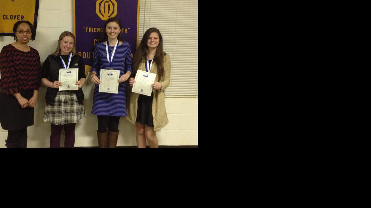 
The Clover Optimist Club recently hosted an awards dinner for Clover High School winners of the club’s essay contest. The winners are from Josie Jamison’s class. They are, first, Sydney Zazzaro; second, Mary Harriet Hall; and third, Valerie Glankler. Pictured are, from left, Jamison, Hall, Zazzaro and Glankler. 
