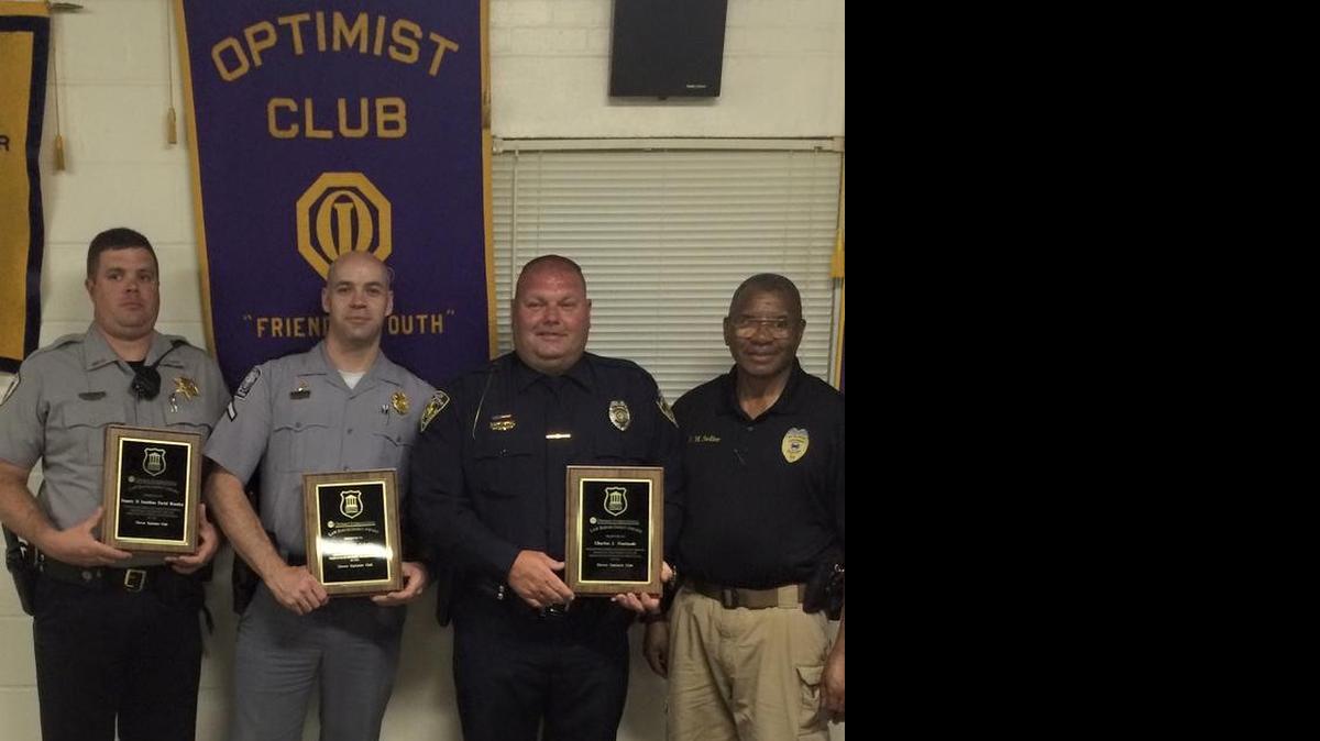 
York County Sheriff’s Deputy II Jonathon David Moseley, from left, S.C. Highway Patrol TFC M.P. Schultz and Clover Police Department officer Charles J Neelands were honored by the Clover Optimist Club with its Respect for Law awards. In addition, Clover police officer Frank Sadler, right, was recognized for his work with students at Clover’s Larne Elementary School during a school lockdown.
