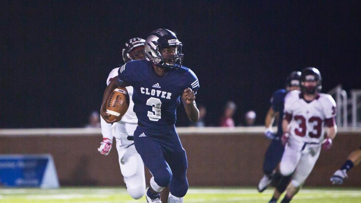
Sean Tyson (3) runs the ball for Clover High School Oct. 9 against Rock Hill.
