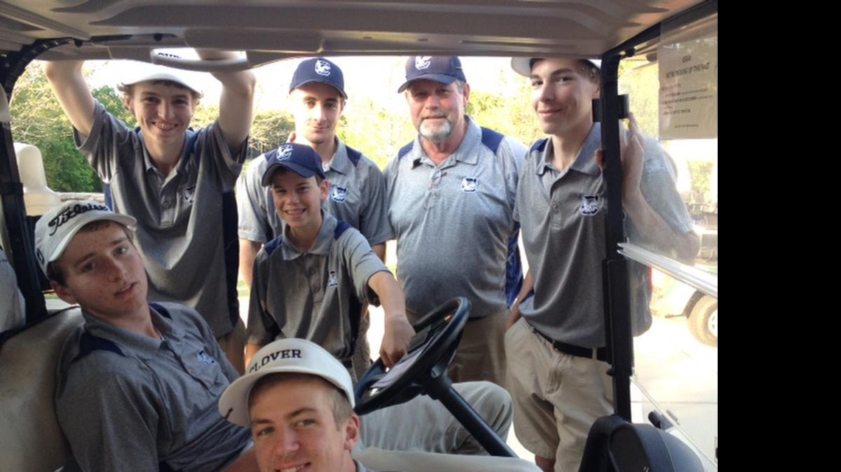 
The Clover High boys’ golf team finished second in the region tournament last week. Team members are Bryce Allen, front center, Andrew White, sitting in cart, and rear, from left, Austin Walker, Chris Whitesides, Nathan Boepple, coach Eric Harper and Jake Rowe.
