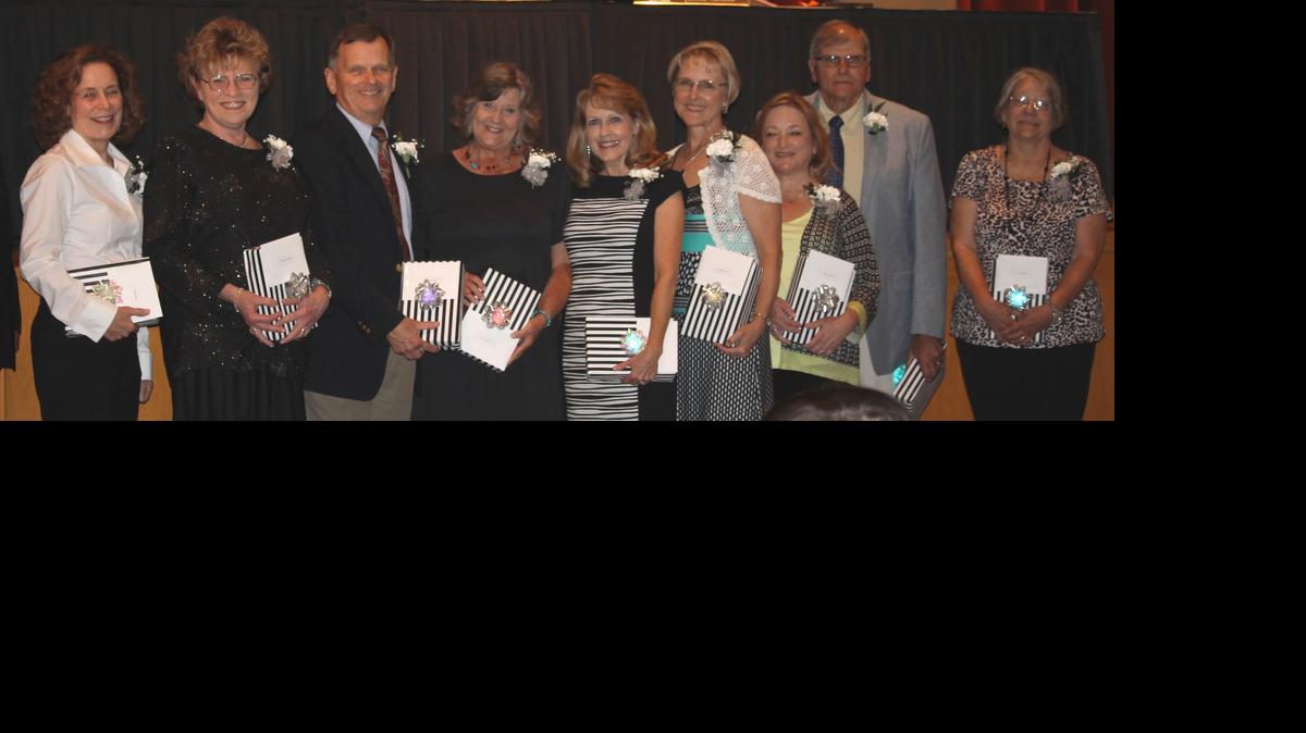 
Retirees from the York school district, who were honored during a May 12 school board meeting, are: from left, Donna Bailey, Annette Langford, Walt Lassiter, Susan Leake, Carol Lovelace, Elizabeth Lowry, Teresa McSwain, Tony Pascarell and Laura Wright. Not pictured are Yvonne Stevenson and Carol Jones.
