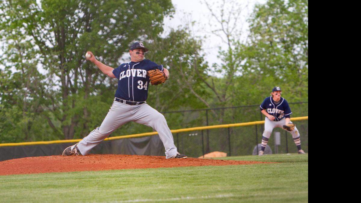 
Clover’s Kaleb Strader pitches against York; Clover won the game, its last this season, 3-1.
