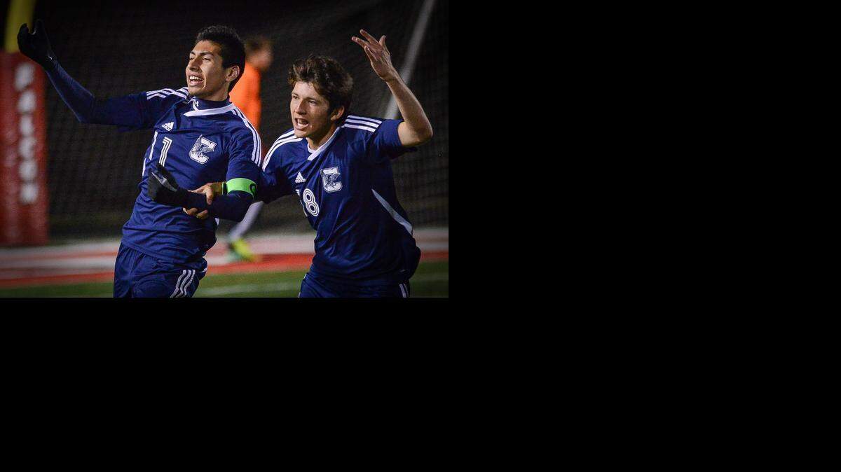 
Clover soccer players Fernando Alpizar Ramos, left, and Adam Watkins celebrate Ramos’s goal against Nation Ford Friday. 
