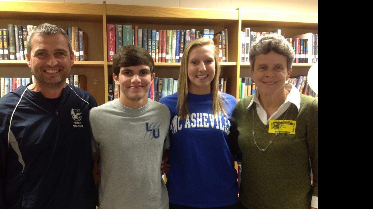 
Clover’s Bailey Bottini, second from left, and Morgan Rulevich, second from right, announced they’ll be playing college sports. Bottini, joined by Clover coach Graham Stafford, will play soccer at Lander. Rulevich, joined by coach Joan Epping, will swim at UNC Asheville.
