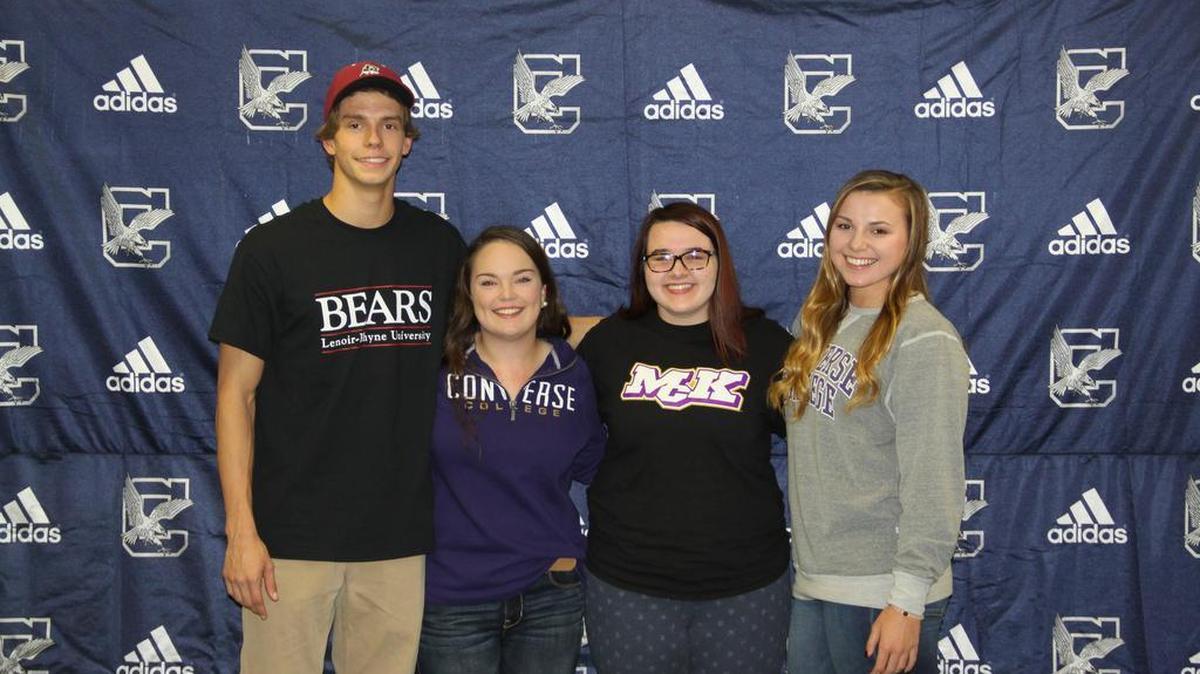 Clover High School athletes who signed letters of intent are, from left, Seth Hurst, Lenior-Rhyne, swimming; Sarah Reid, Converse, golf; Breanna Clemmer, McKendree University in Lebanon, Ill., bowling; and Anna Pettus, Converse, swimming.