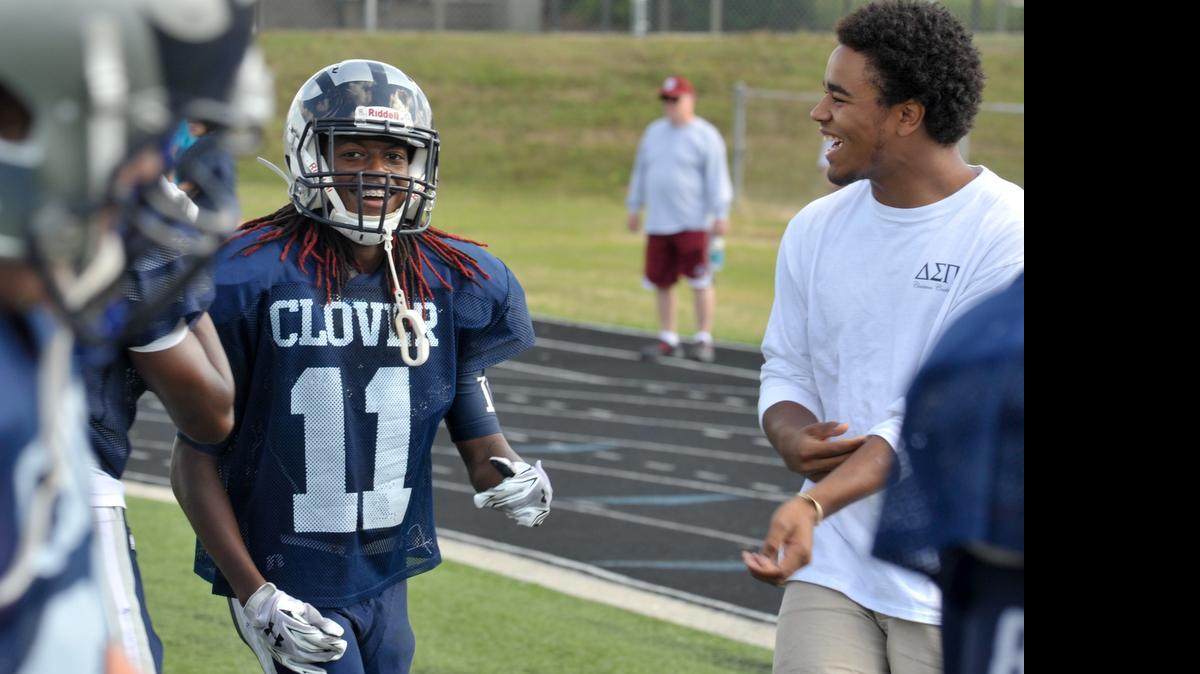 
LaKerri Adams celebrates his touchdown Saturday morning during Clover High School’s spring football practice.
