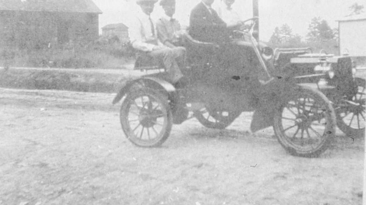 Owner C.H. Branson proudly shows off Fort Mill’s first automobile along with passengers W.B Meacham, R. P. Harris, and S.L. Meacham.