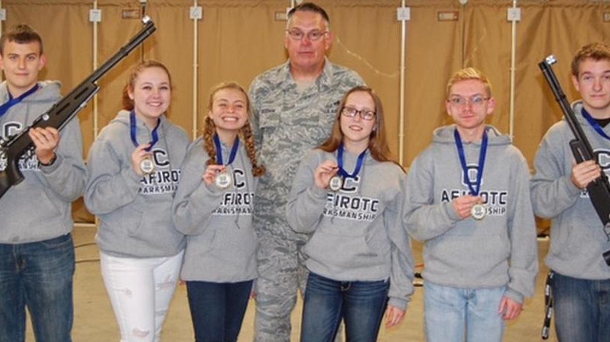 Clover High School Air Force JROTC Marksmanship Team from left are Alex Rulevich, Emily Morse, Joie Palmer, SMSgt Clarence Woodham, Brianna Fish, Austin Blight and Kristopher Dauble.