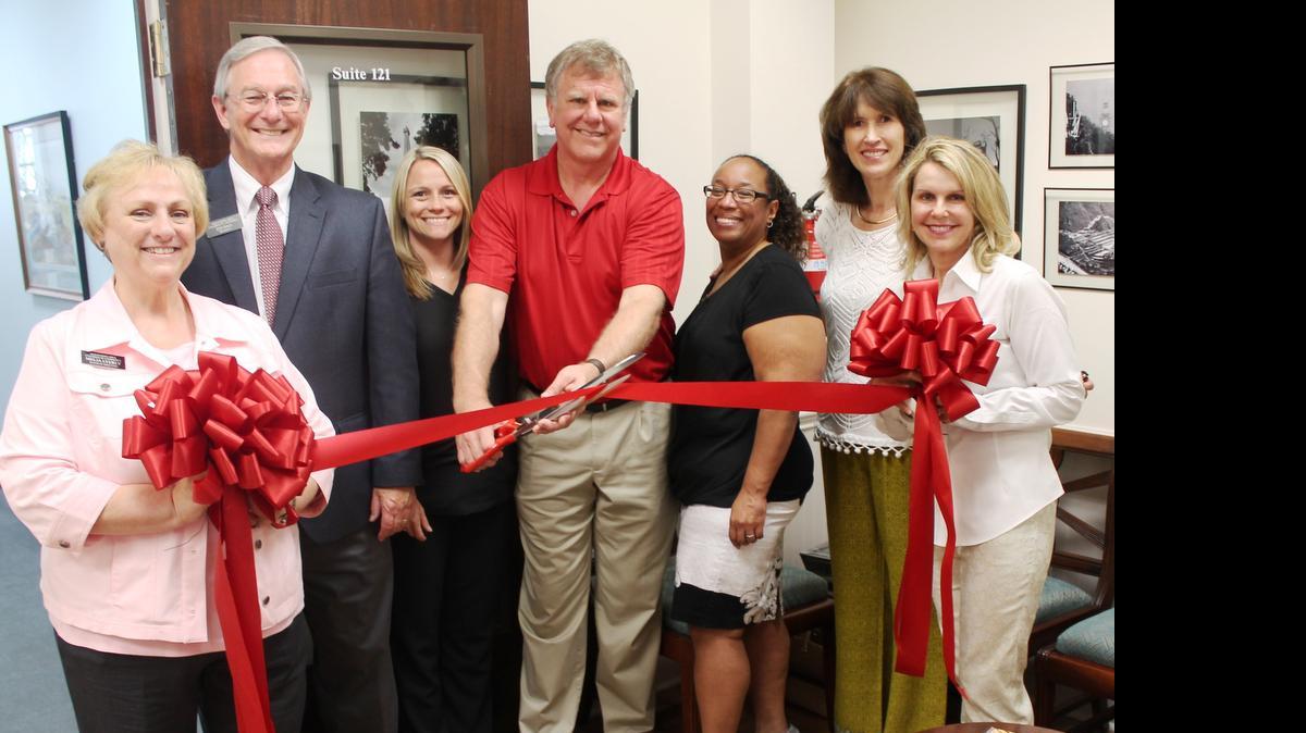 
Dr. David Layne opened Landmark MD in the Stowe Building at 100 N. Main St. in Belmont. Celebrating the opening from left are Montcross Area Chamber Board chairwoman Melia Lyerly and Chamber President Ted Hall, Duwana Davis, Layne and Melissa McAtee of Landmark MD, Layne's wife Janet and Chamber board member Jennifer Church.
