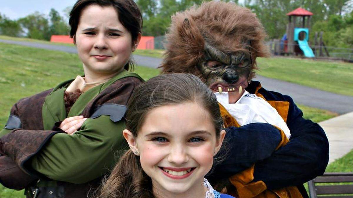 
From back left, Zachary Baskin plays Gaston, Spencer Addison as the Beast, and Margaret East as Belle in “Beauty and the Beast Jr.” presented May 2-3 in Clover.
