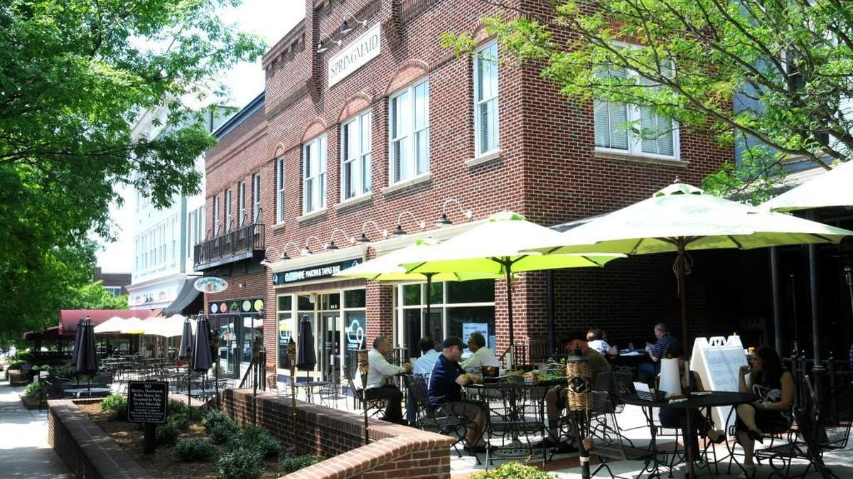 Restaurants and shops along Market Street in Baxter Village. Cars parked along the block were burglarized recently.