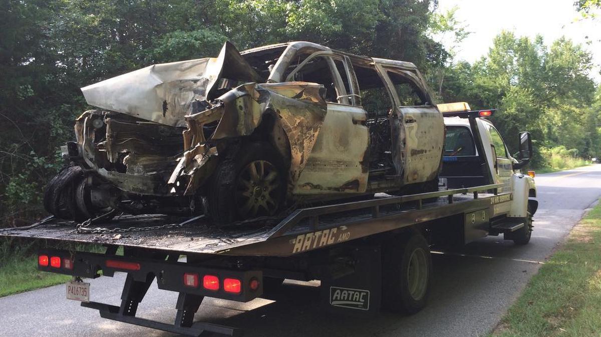 
A vehicle that caught fire following a wreck Sept. 1 is towed on Lake Wylie Road.
