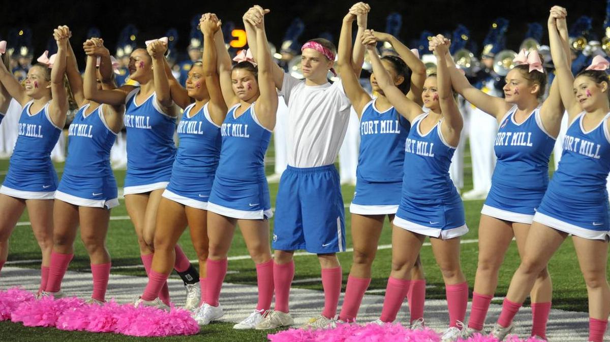 
Fort Mill High School varsity cheerleaders get the crowd involved at last year’s Pink Out game.
