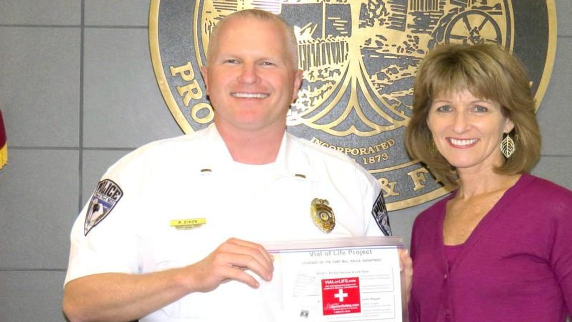 Fort Mill Lt. Ray Dixon and Fort Mill resident Ann Nelson are promoting the Vial of Life program in the community. Nelson made Vial of Life her pageant platform.