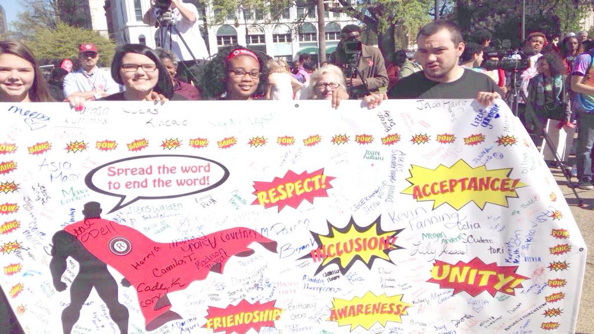 Club UNIFY members Samantha Pattison, Madison Twedt, Cassidy Dozier and Matthew Presser attend the “End the R-Word” rally at the Statehouse in Columbia.