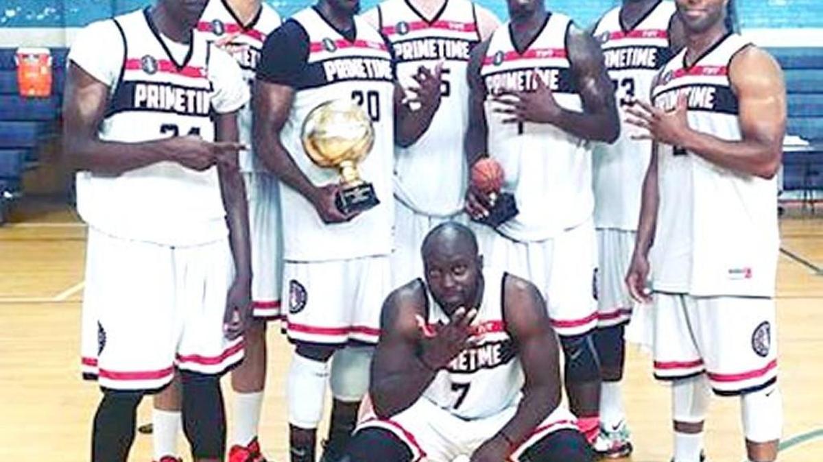 The Prime Time Players defeated the Fayetteville Crossover 119-100 on June 25 to win their second consecutive East Coast Basketball League title and fifth consecutive minor league championship. From left Danny Sanders, Pierre Stines, Brian Mobley, Thomas Pfaff, Terell Smith Jonathan Hart, Chris Moore crouched down Victor Street Jr.