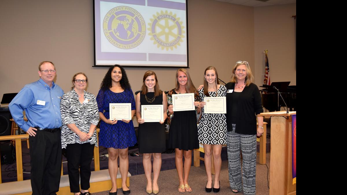 
Lake Wylie Rotary Club awarded Clover High School seniors with scholarships at its May 19 Spirit of Service Scholarship Awards celebration at Good Samaritan United Methodist Church. From left are Rotarians Chad Bordeaux and Karen van Vierssen, with students Mia Jeanty, Rachel Capps, Maggie Ballard and Emily Atkinson, and Rotarian Elizabeth Hartley.

