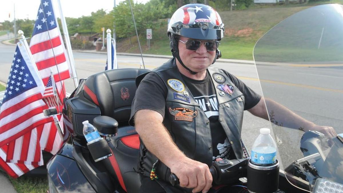 
Harvey Mayhill rolled into Fort Mill at Veterans Park. Mayhill made a 24-hour, three-stop trip Friday to honor POW/MIA military.
