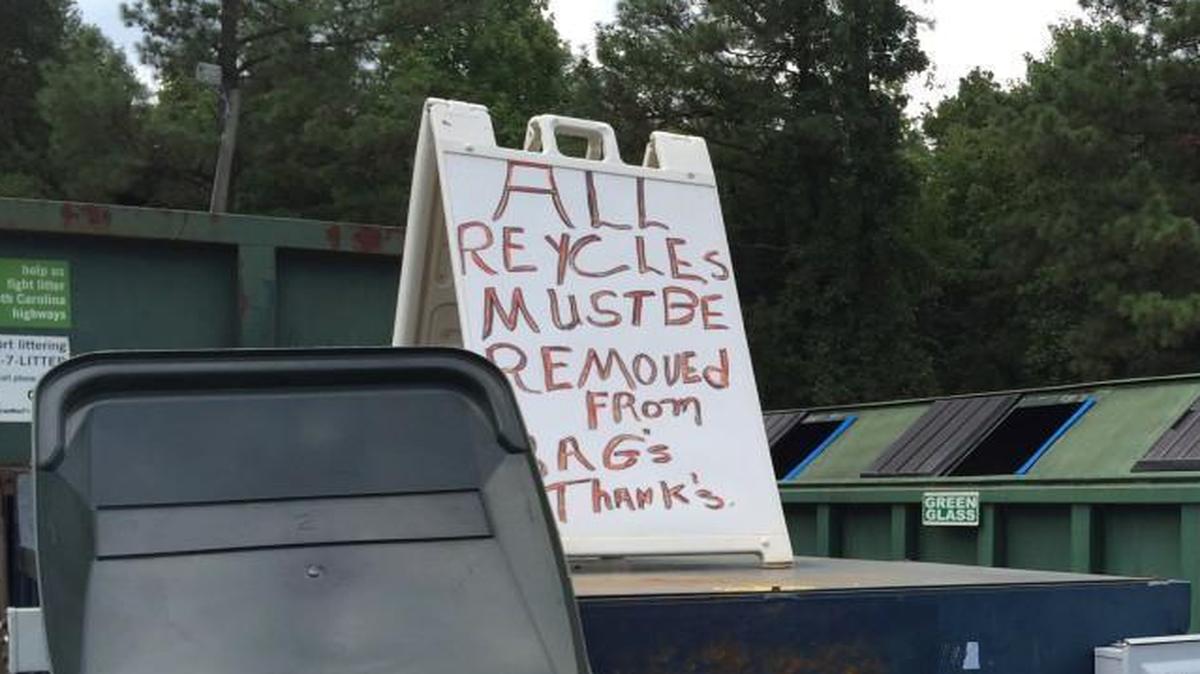 
This handmade sign at the Fort Mill East recycling center informing residents of a new sorting system will be replaced by professional signs at all of the county’s 16 centers, a county official said.
