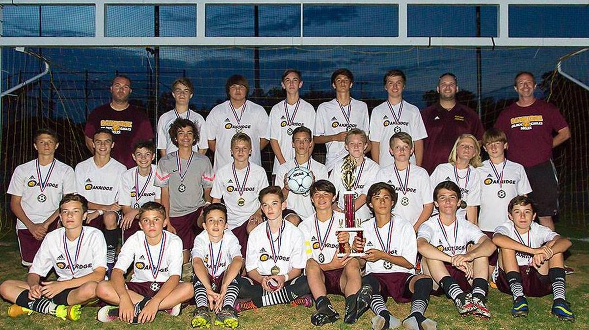 Oakridge Middle School Golden Eagles soccer team won the conference tournament championship April 27, completing a perfect 15-0 season by defeating Springfield, 5-0.